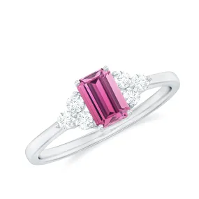 1 CT Octagon Cut Pink Tourmaline Solitaire Ring with Diamond Trio