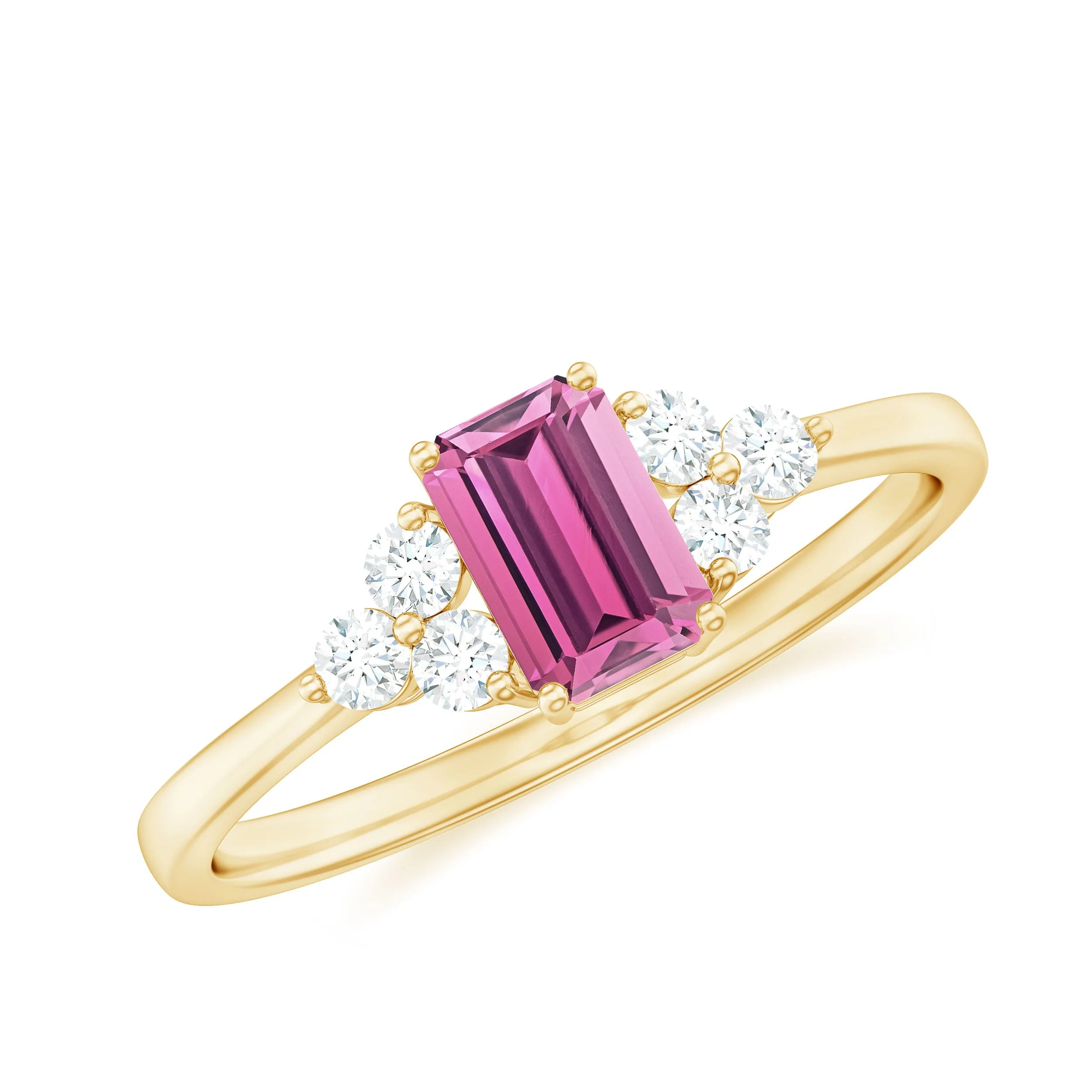 1 CT Octagon Cut Pink Tourmaline Solitaire Ring with Diamond Trio