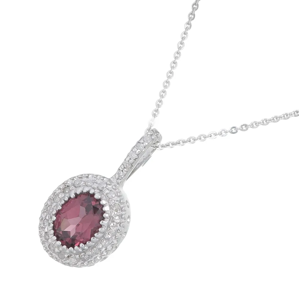 1 cttw Oval Shape Garnet and Diamond Pendant in 14K White Gold With 18" Chain