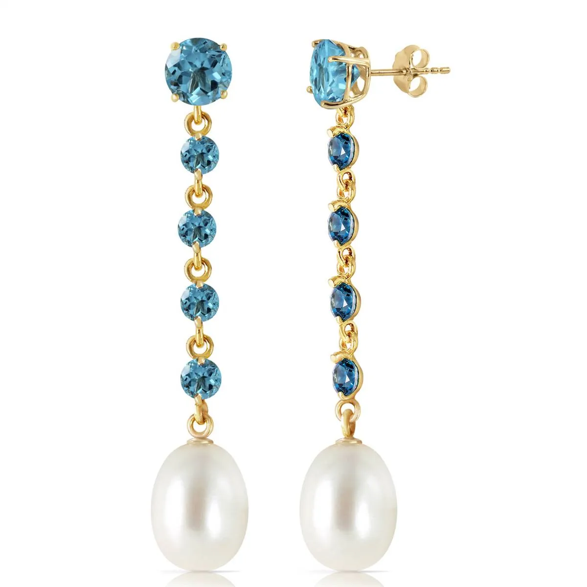 10 Carat 14K Solid Yellow Gold Chandelier Earrings Blue Topaz Pearl