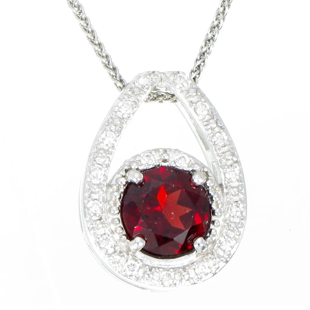 1.05 cttw Garnet Pendant Necklace .925 Sterling Silver With Rhodium 7 MM Round