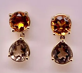 10K Citrine & Smokey Quartz Earrings