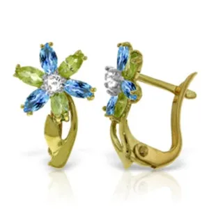 1.1 Carat 14K Solid Yellow Gold Earrings Diamond, Blue Topaz Peridot