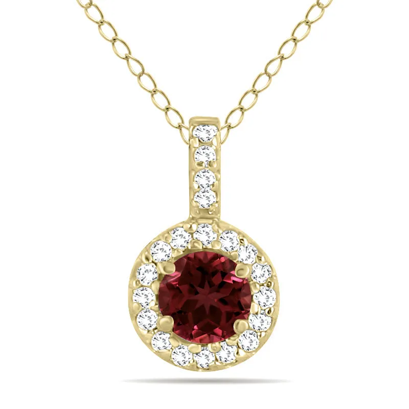 1/2 Carat Tw Halo Garnet And Diamond Pendant In 10K Yellow Gold