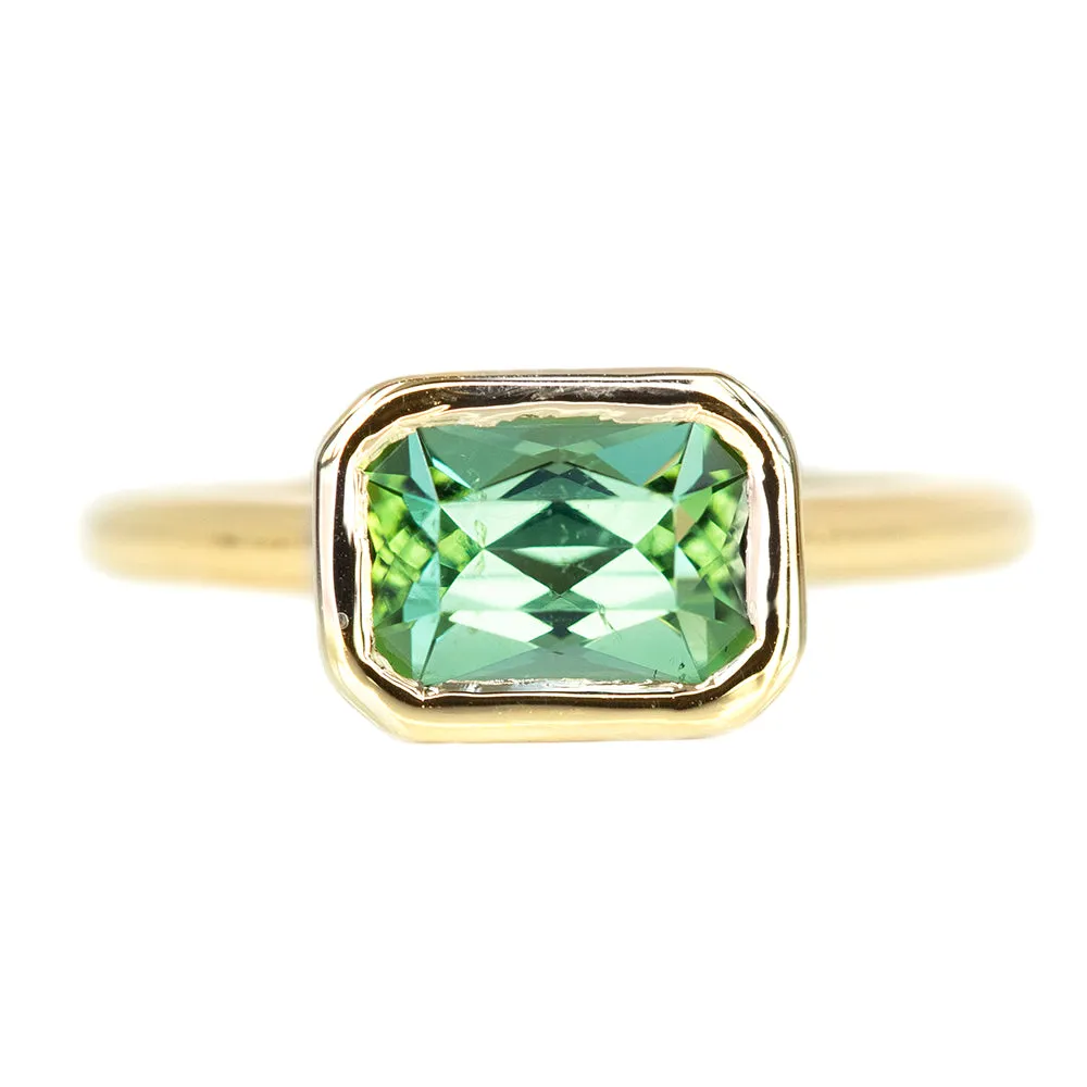 1.41ct Radiant Cut Green Tourmaline East-West Bezel Set In 14k Yellow Gold