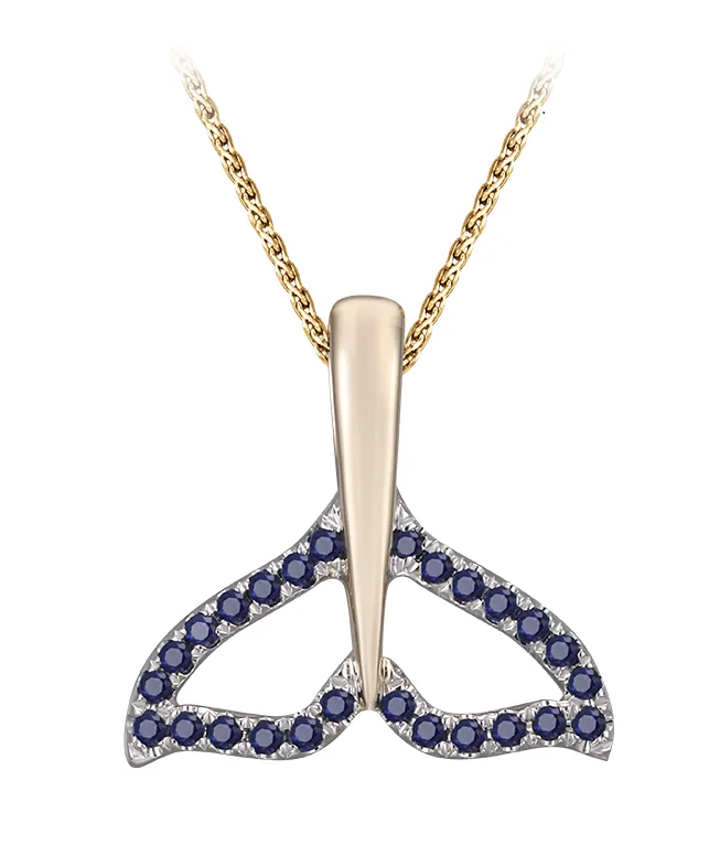 14k 16mm Whale Saw Tail Pendant with 26 Blue Sapphires