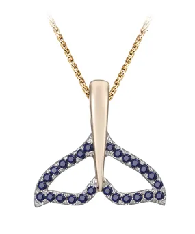 14k 16mm Whale Saw Tail Pendant with 26 Blue Sapphires