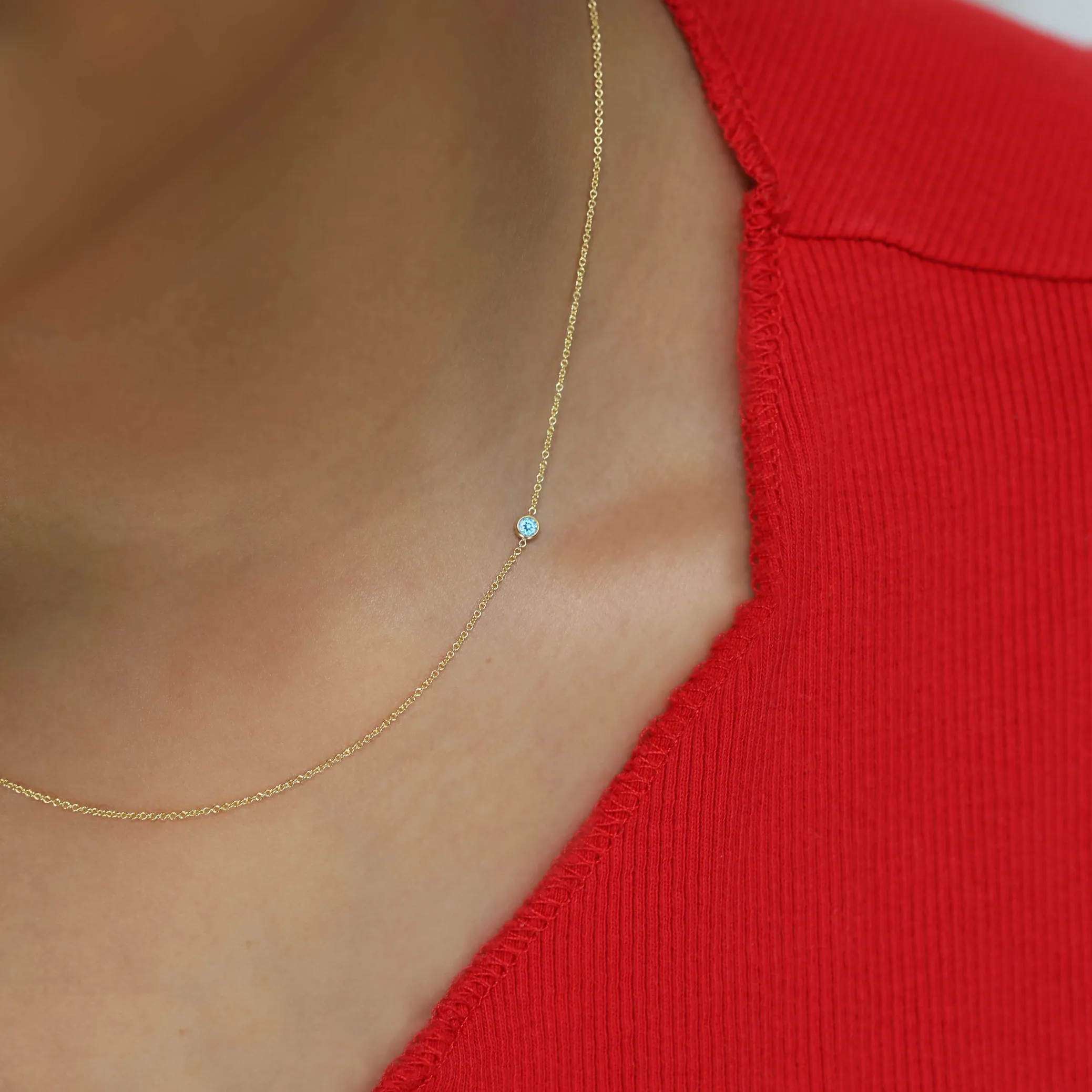 14K Gold Asymmetrical Birthstone Necklace - Aquamarine (March)