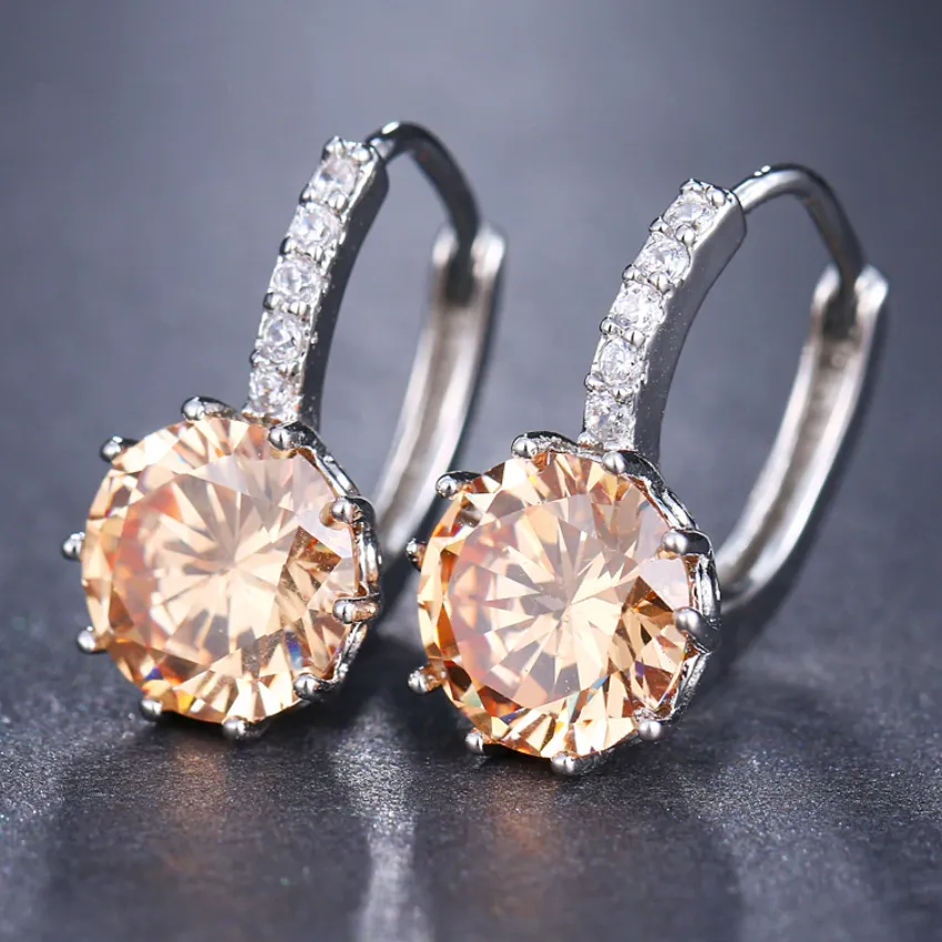 14K Gold Plated Pretty Peach 3.5CTW CZ Solitaire Hoop Earrings for Woman