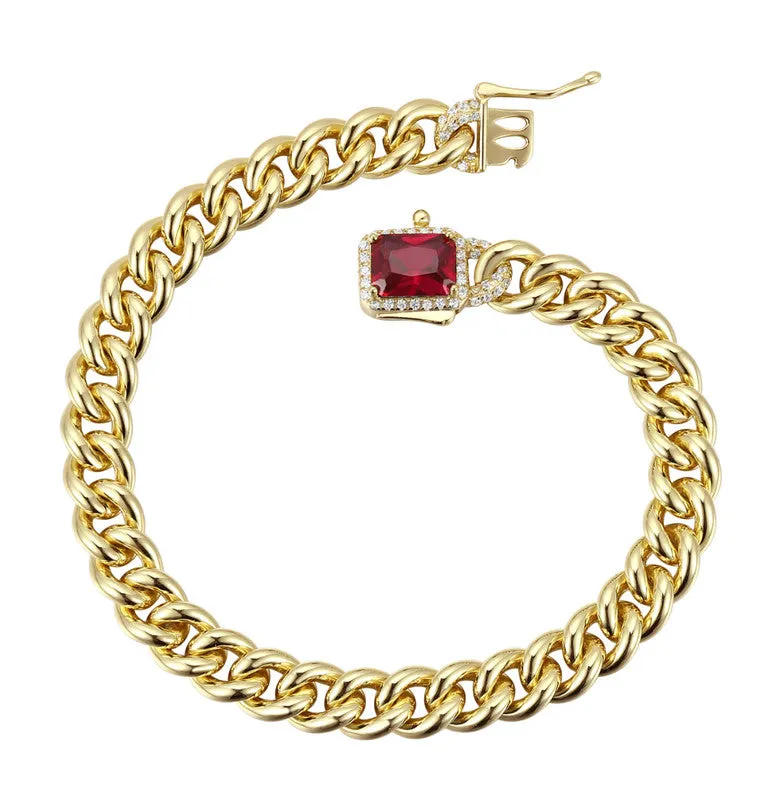 14k Gold Plated with Colored Cubic Zirconia Halo Cluster Curb Chain Bracelet