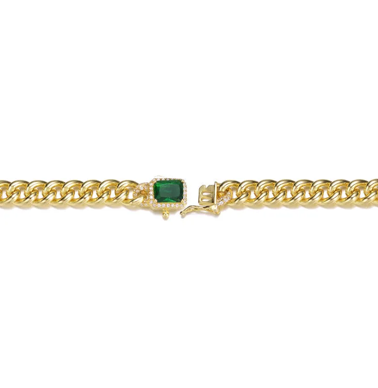 14k Gold Plated with Colored Cubic Zirconia Halo Cluster Curb Chain Bracelet