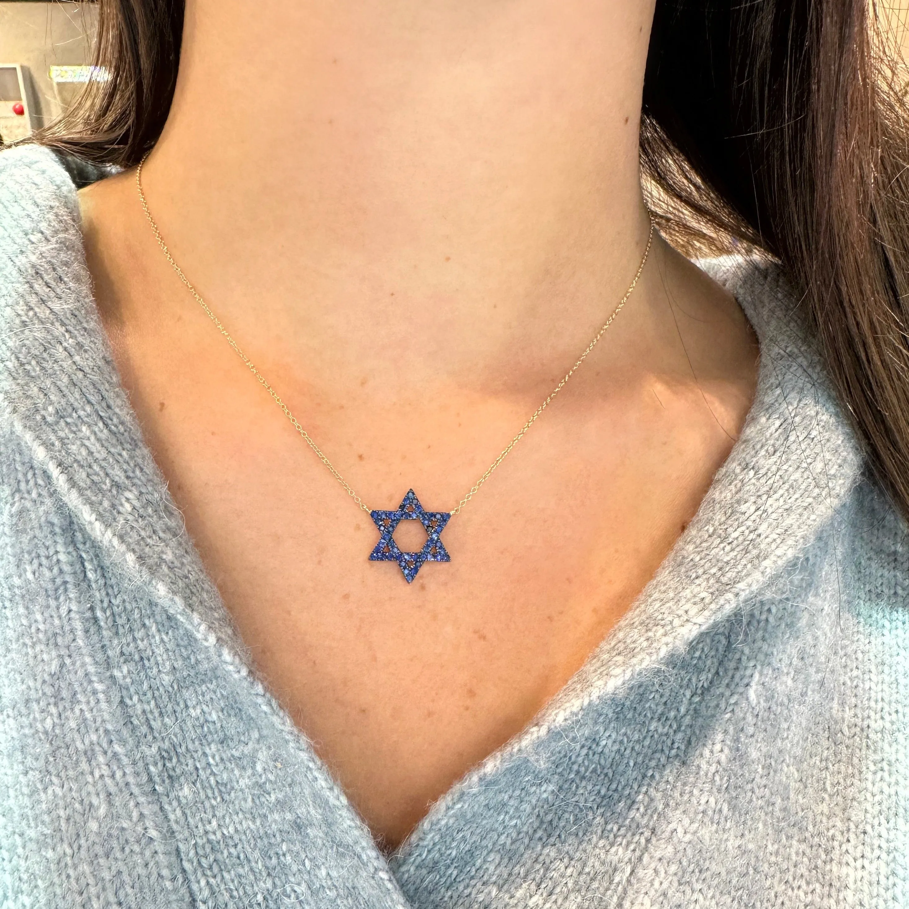 14K GOLD SAPPHIRE MAGEN DAVID NECKLACE