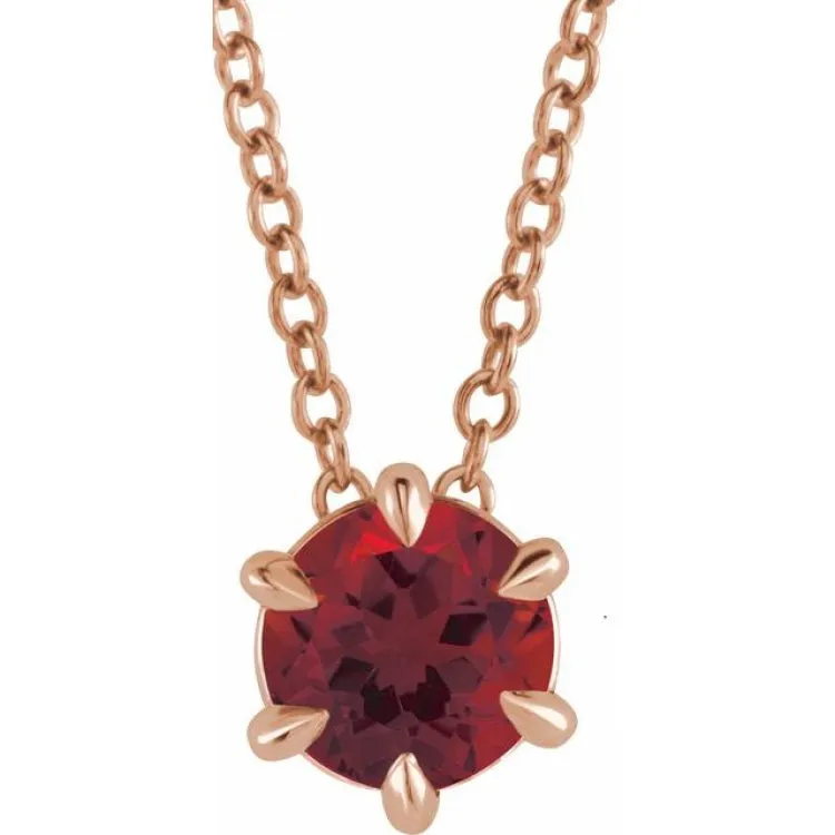 14K Rose 5 mm Natural Mozambique Garnet Solitaire 16-18" Necklace