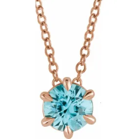 14K Rose 6 mm Natural Aquamarine Solitaire 16-18" Necklace