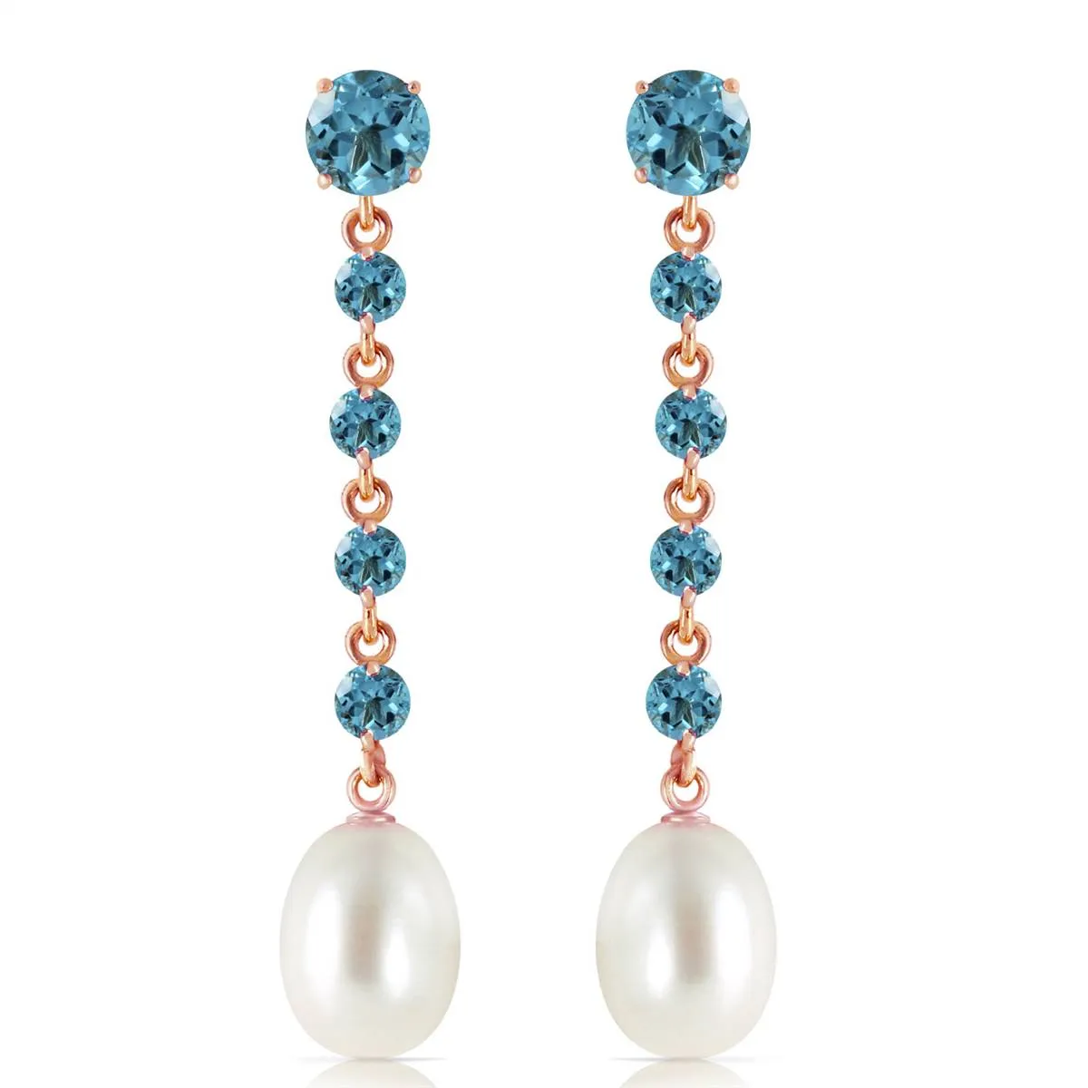 14K Solid Rose Gold Chandelier Blue Topaz & Pearl Earrings