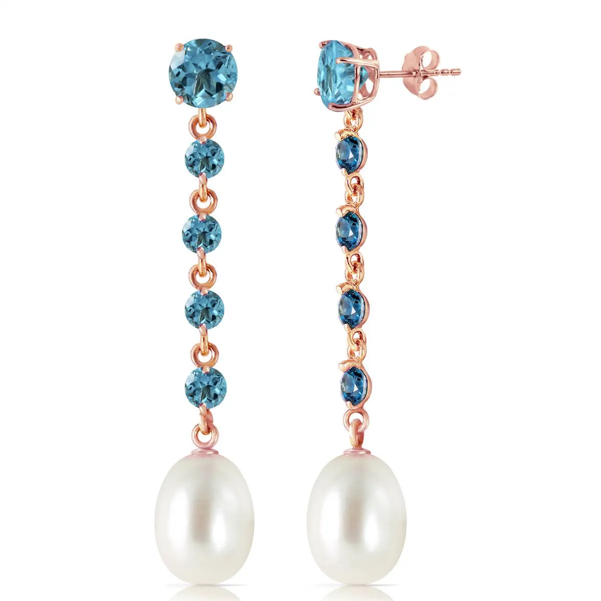 14K Solid Rose Gold Chandelier Blue Topaz & Pearl Earrings