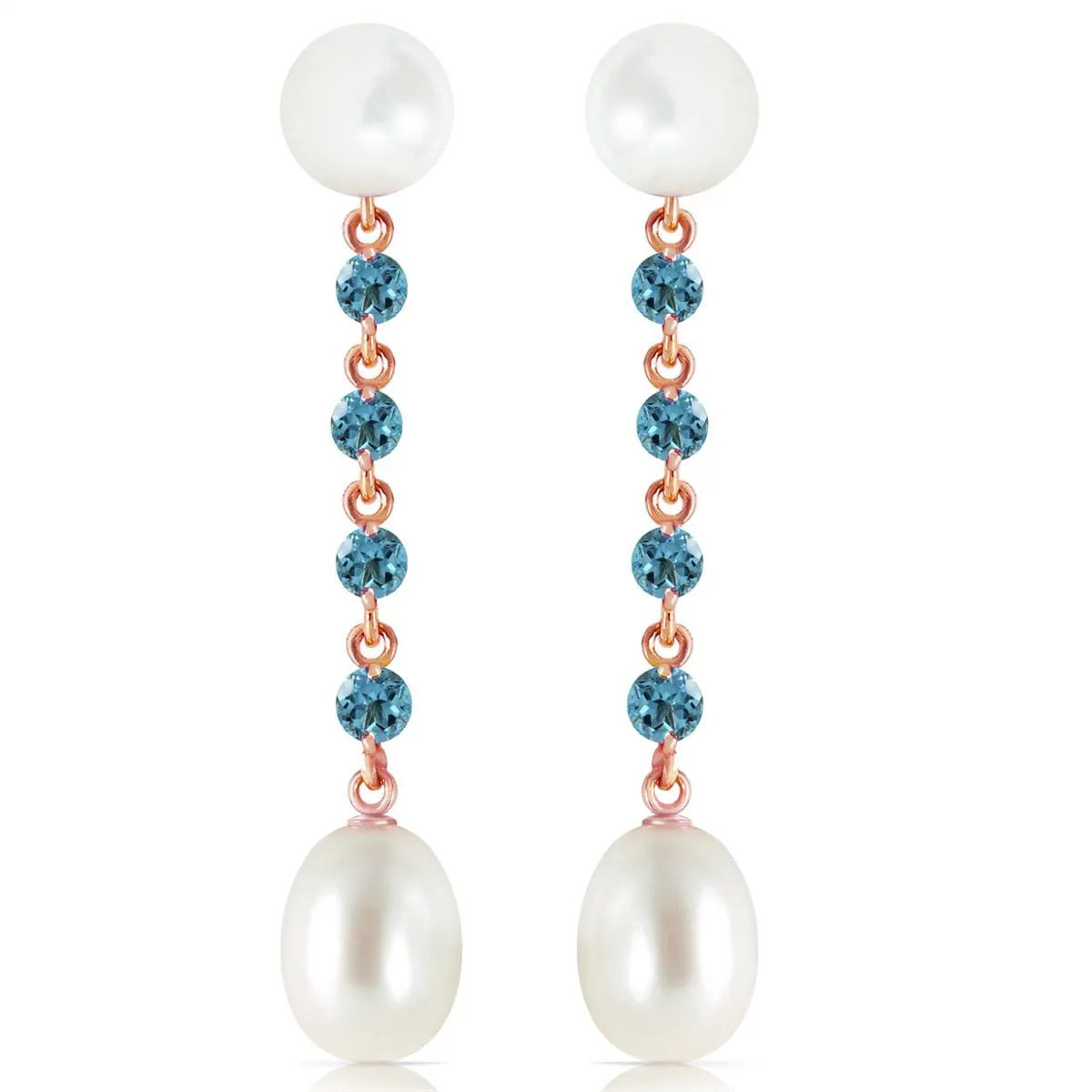 14K Solid Rose Gold Chandelier Blue Topaz/Pearl Earrings