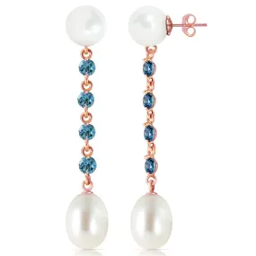 14K Solid Rose Gold Chandelier Blue Topaz/Pearl Earrings