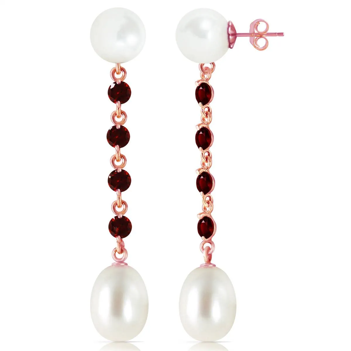 14K Solid Rose Gold Chandelier Earrings w/ Garnets & Pearls