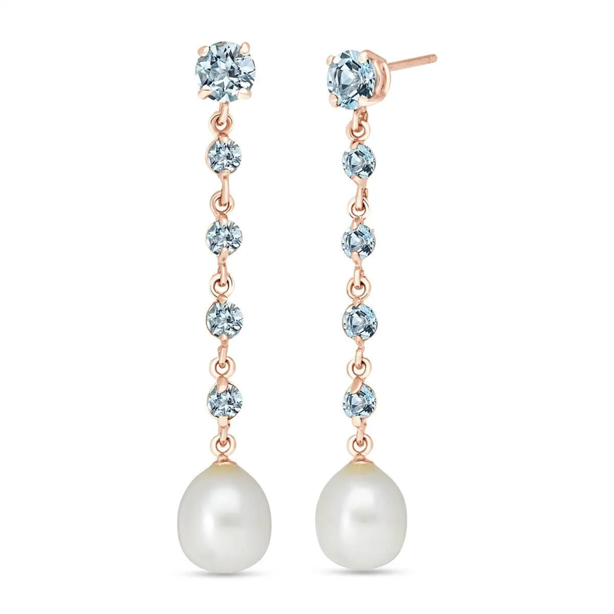 14K Solid Rose Gold Chandelier Earrings w/ Natural Aquamarines & Pearls