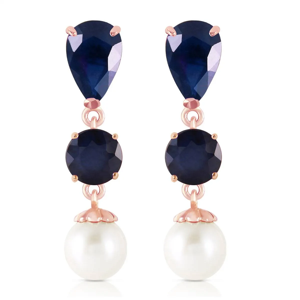 14K Solid Rose Gold Chandelier Fine Sapphire & Pearl Earrings