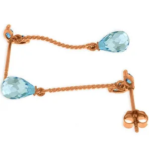 14K Solid Rose Gold Chandelier Simple Natural Blue Topaz Earrings