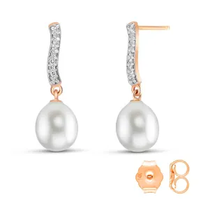 14K Solid Rose Gold Diamond & Pearl Jewelry Earrings