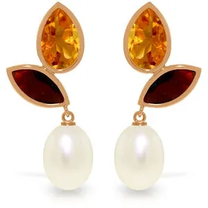 14K Solid Rose Gold Earrings w/ Citrines, Garnets & Pearls