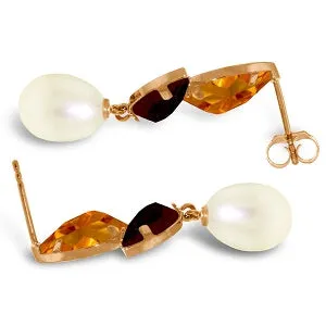 14K Solid Rose Gold Earrings w/ Citrines, Garnets & Pearls