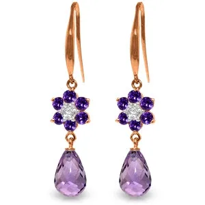 14K Solid Rose Gold Fish Hook Diamond & Amethyst Earrings Class