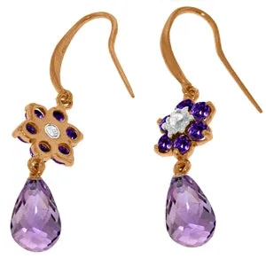 14K Solid Rose Gold Fish Hook Diamond & Amethyst Earrings Class