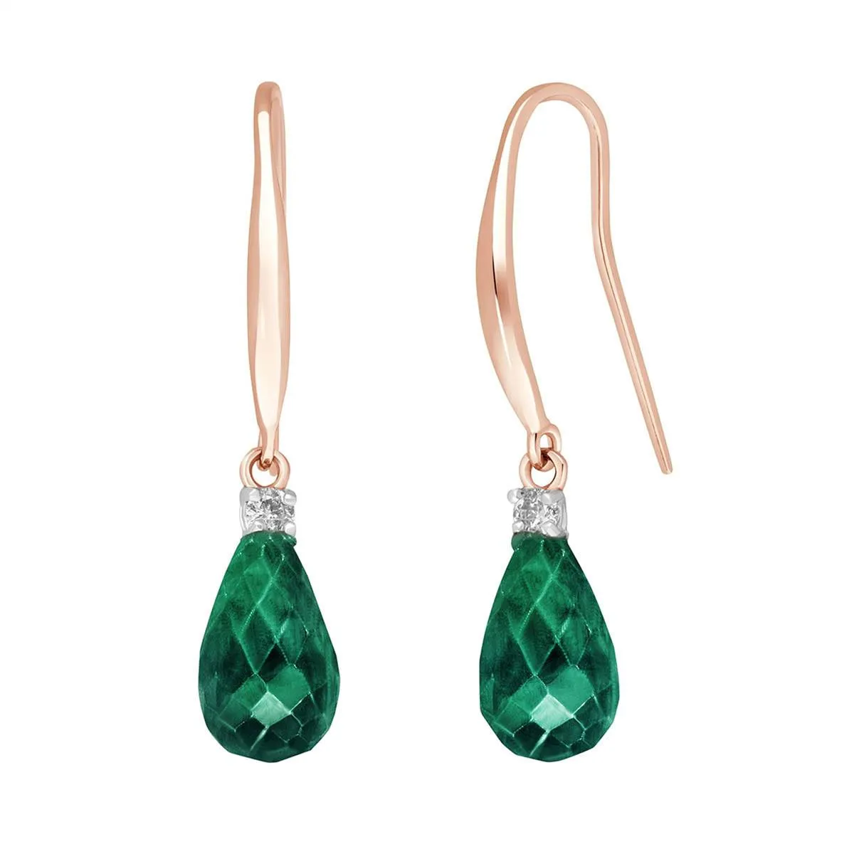 14K Solid Rose Gold Fish Hook Diamond & Emerald Earrings