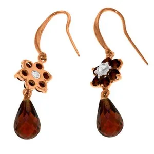 14K Solid Rose Gold Fish Hook Diamond & Garnet Earrings Gemstone