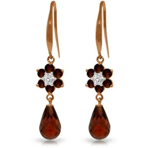 14K Solid Rose Gold Fish Hook Diamond & Garnet Earrings Gemstone