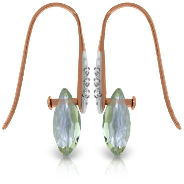 14K Solid Rose Gold Fish Hook Earrings w/ Diamonds & Dangling Briolette Green Amethyst