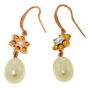 14K Solid Rose Gold Fish Hook Earrings w/ Diamonds, Citrines & Pearls