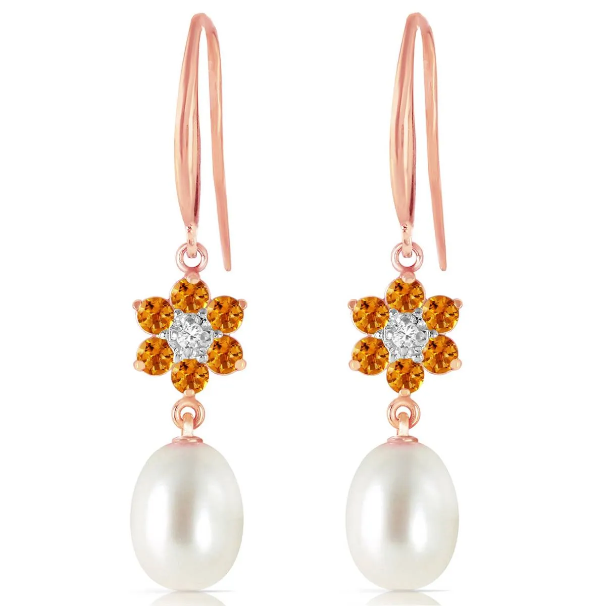 14K Solid Rose Gold Fish Hook Earrings w/ Diamonds, Citrines & Pearls