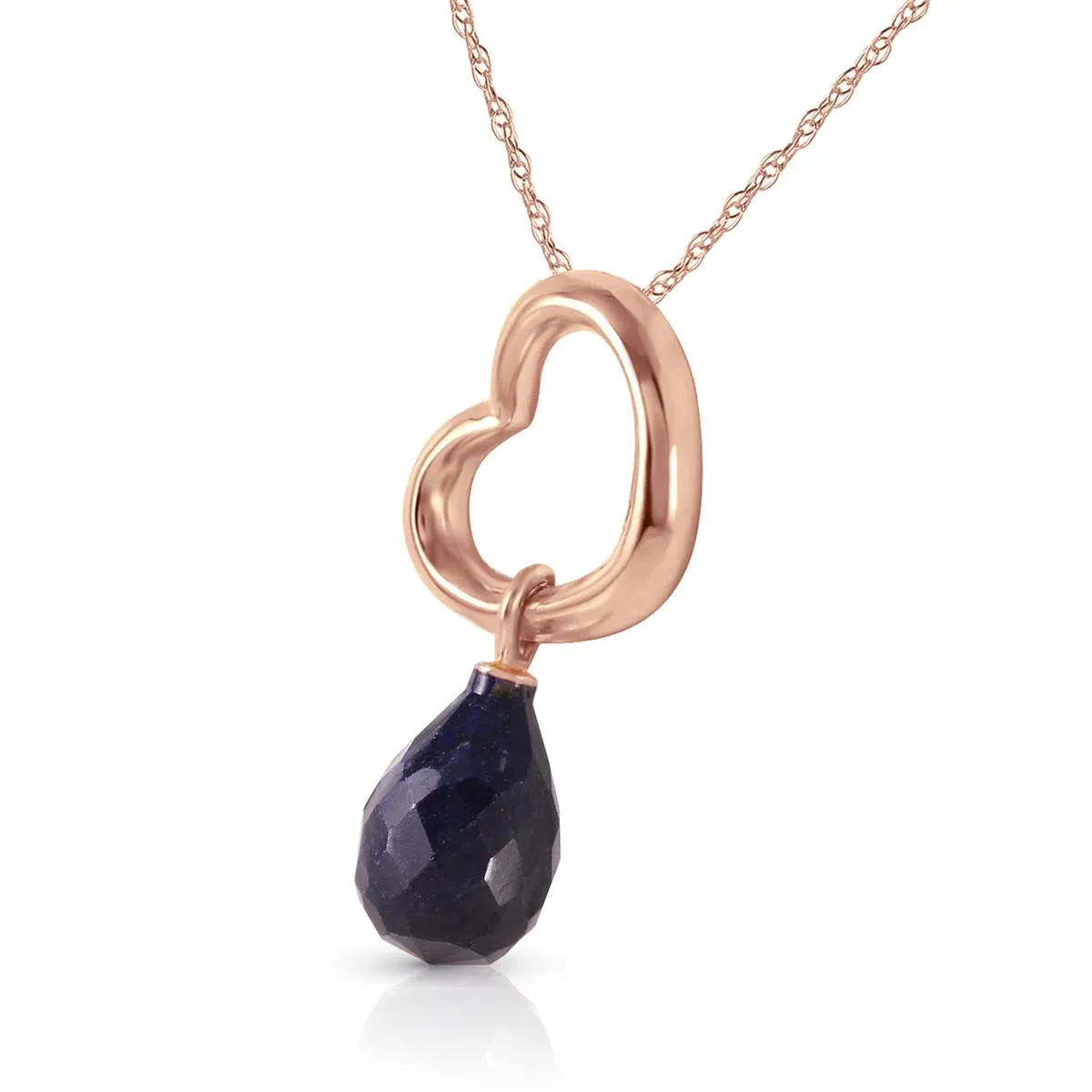 14K Solid Rose Gold Heart Necklace w/ Dangling Natural Sapphire