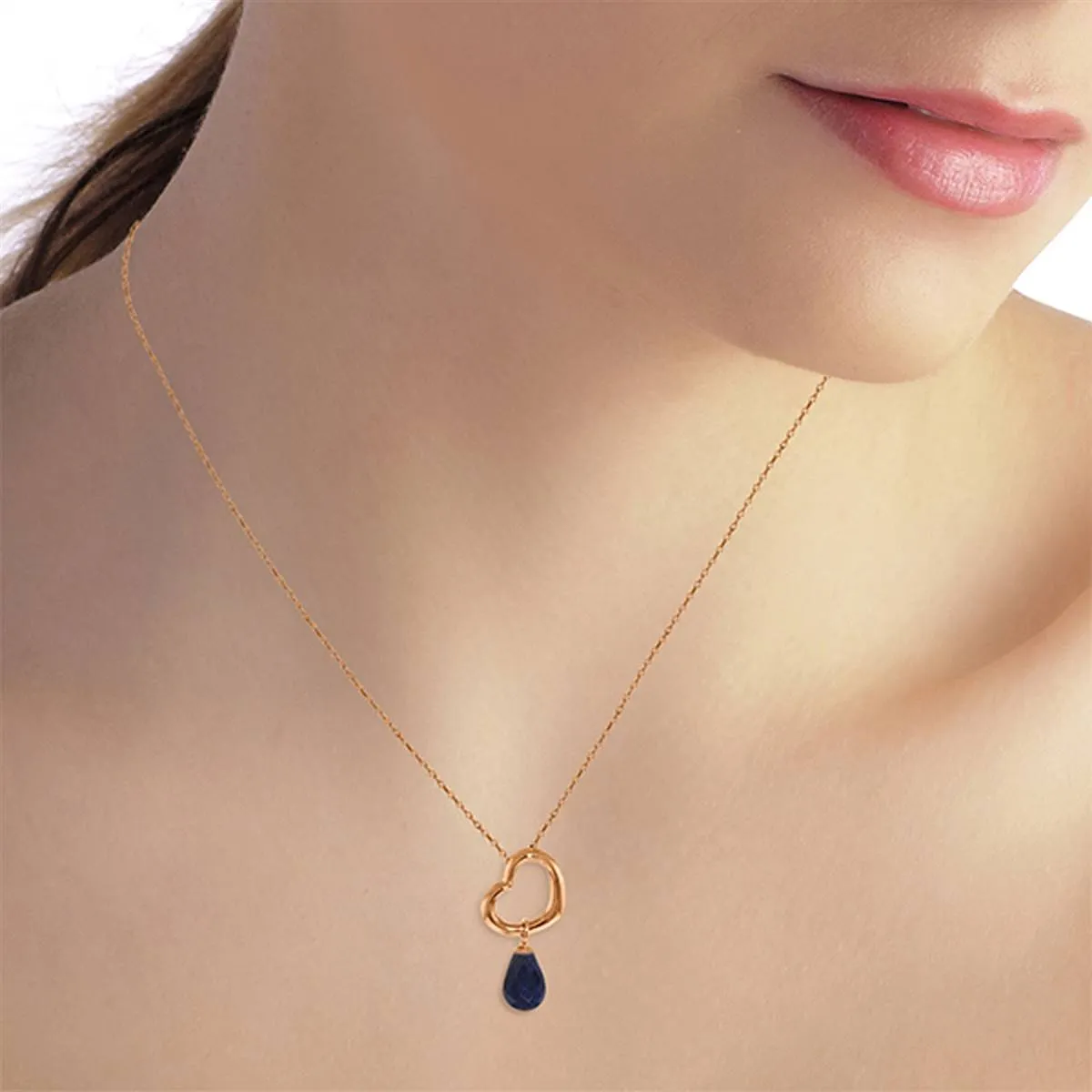 14K Solid Rose Gold Heart Necklace w/ Dangling Natural Sapphire