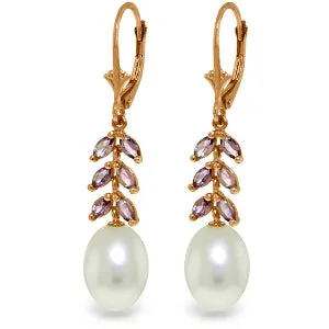 14K Solid Rose Gold Leverback Earrings Amethyst & Pearl Certified