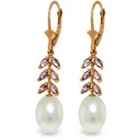 14K Solid Rose Gold Leverback Earrings Amethyst & Pearl Certified