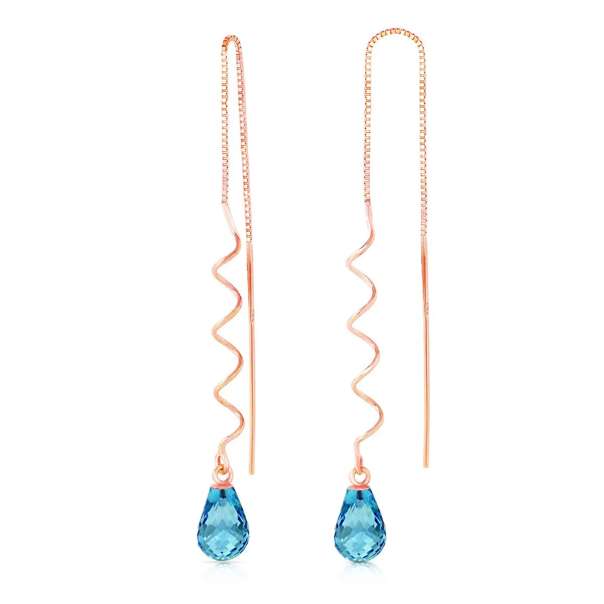 14K Solid Rose Gold Threaded Dangles Earrings Blue Topaz Certified