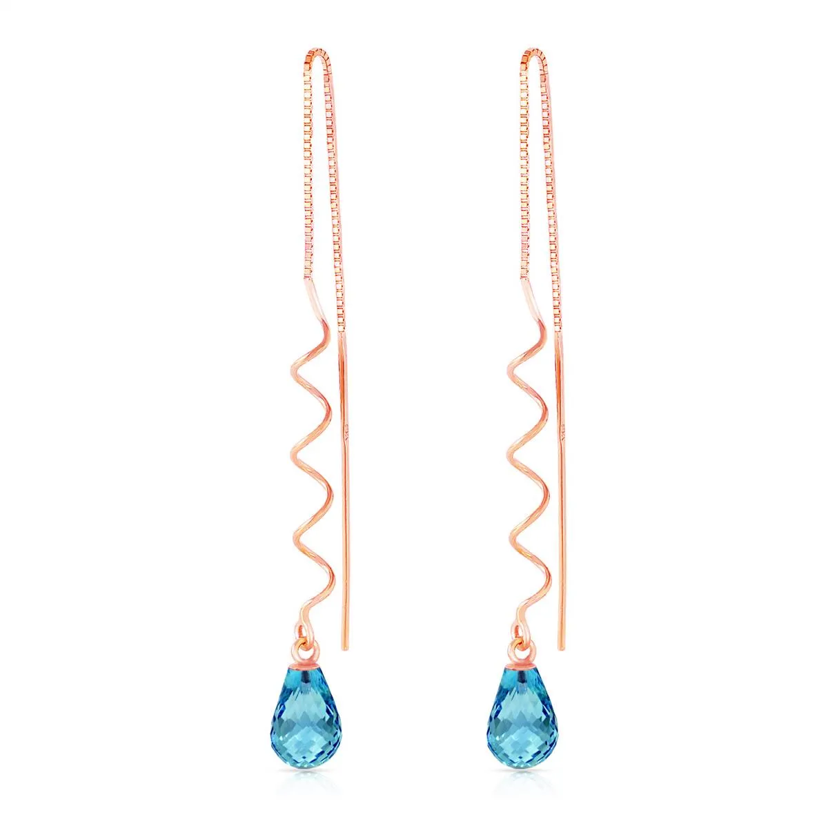 14K Solid Rose Gold Threaded Dangles Earrings Blue Topaz Certified