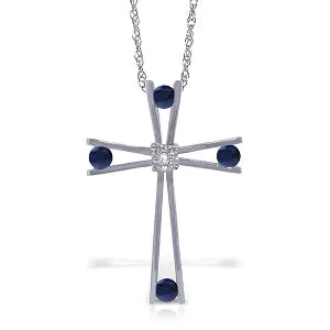 14K Solid White Gold Cross Necklace w/ Natural Diamond & Sapphires