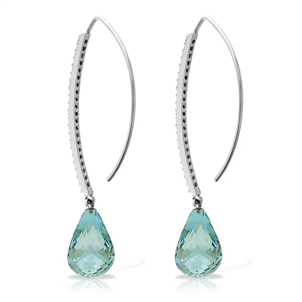 14K Solid White Gold Diamonds Fish Hook Earrings w/ Dangling Briolette Blue Topaz