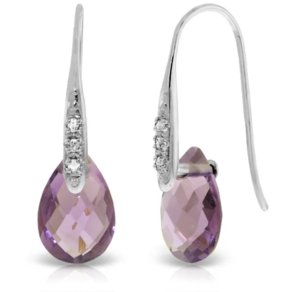 14K Solid White Gold Fish Hook Earrings w/ Diamonds & Dangling Briolette Amethysts