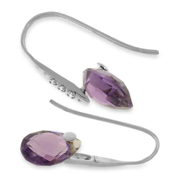 14K Solid White Gold Fish Hook Earrings w/ Diamonds & Dangling Briolette Amethysts