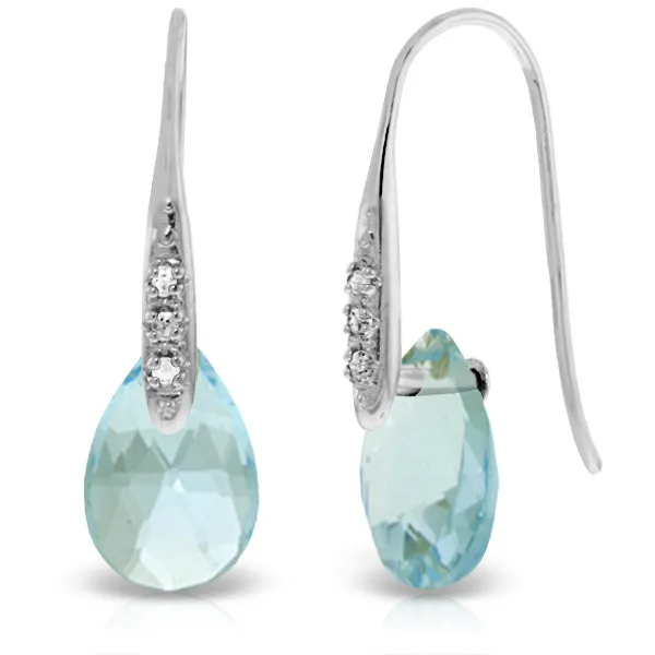 14K Solid White Gold Fish Hook Earrings w/ Diamonds & Dangling Briolette Blue Topaz