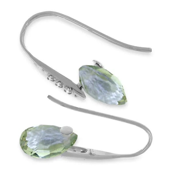 14K Solid White Gold Fish Hook Earrings w/ Diamonds & Dangling Briolette Green Amethyst