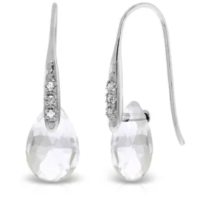 14K Solid White Gold Fish Hook Earrings w/ Diamonds & Dangling Briolette White Topaz